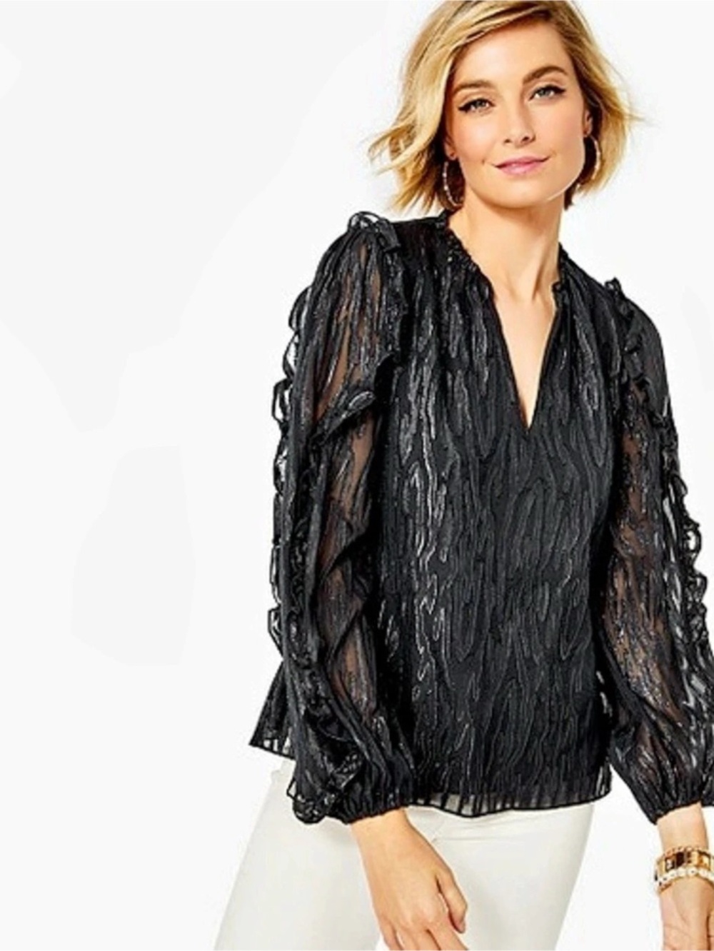 Lilly Pulitzer Giana Long Sleeve Silk Top Black Blouse S